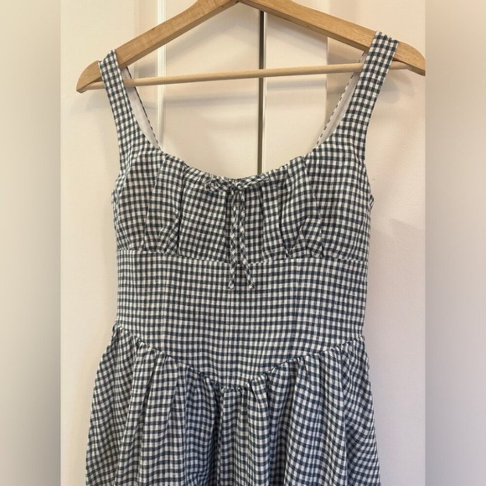 NEW Reformation Balia Midi Linen Dress in  Slate Check Plaid Navy White | size 4 - Picture 9 of 16